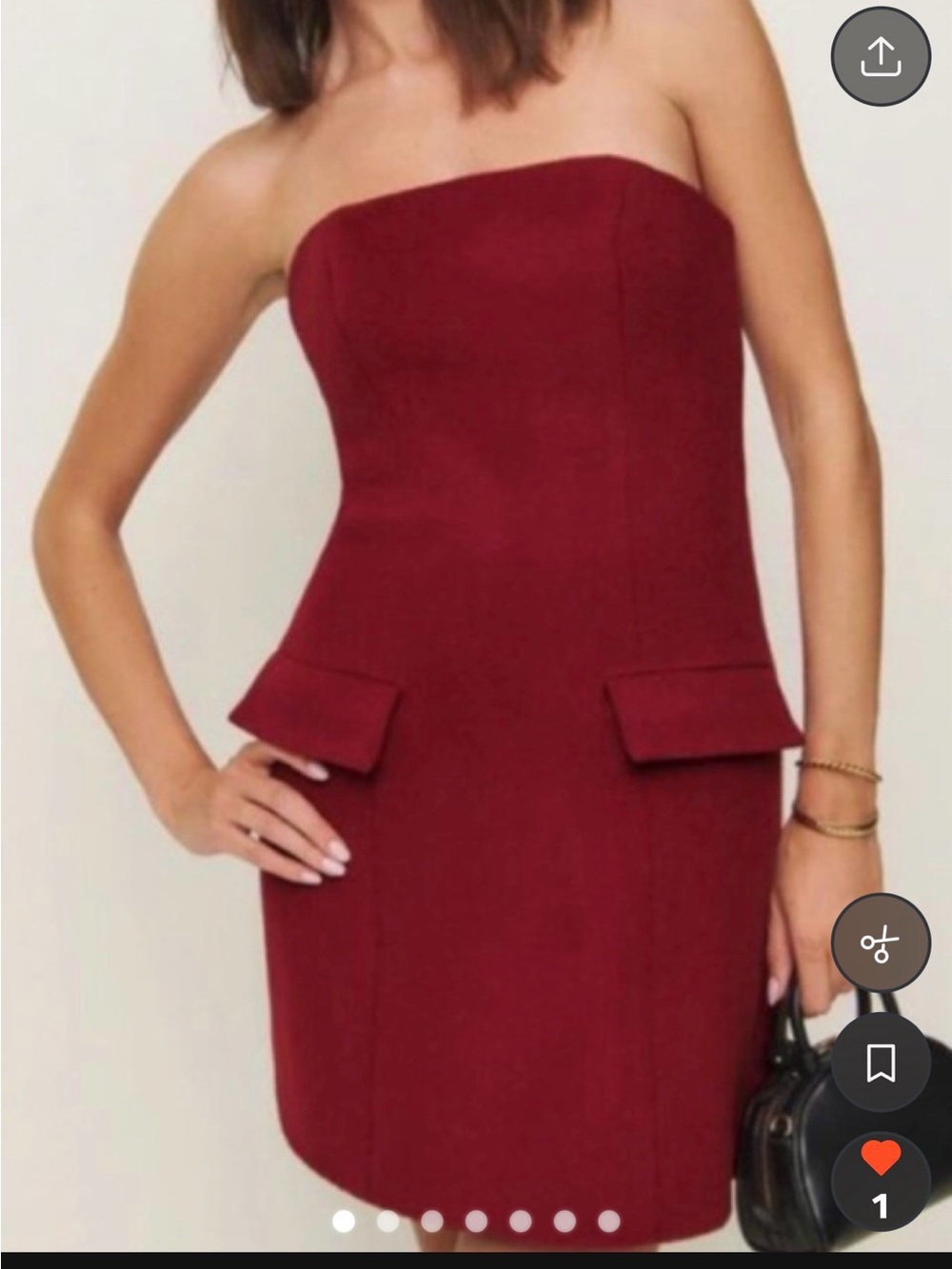 Reformation Strapless Burgundy Sheath Dress with Peplum Pockets